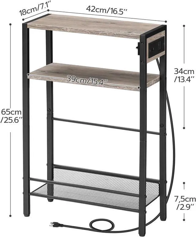 Alt view image 3 of 7 - HOOBRO Small Narrow Side Table with Charging Station, Skinny End Table for Small Spaces, Slim Nightstand with USB Ports Outlet, Sofa Beside Table with Storage Shelf, Greige and Black BG102UBZ01
