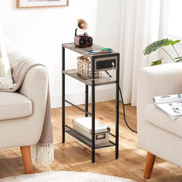 Alt view image 4 of 7 - HOOBRO Small Narrow Side Table with Charging Station, Skinny End Table for Small Spaces, Slim Nightstand with USB Ports Outlet, Sofa Beside Table with Storage Shelf, Greige and Black BG102UBZ01