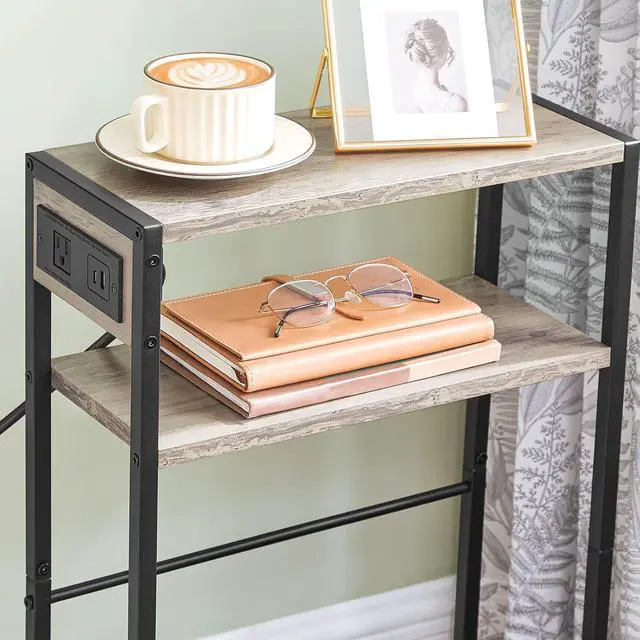 Alt view image 7 of 7 - HOOBRO Small Narrow Side Table with Charging Station, Skinny End Table for Small Spaces, Slim Nightstand with USB Ports Outlet, Sofa Beside Table with Storage Shelf, Greige and Black BG102UBZ01