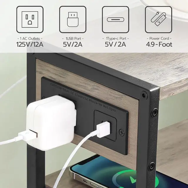 Alt view image 5 of 7 - HOOBRO Small Narrow Side Table with Charging Station, Skinny End Table for Small Spaces, Slim Nightstand with USB Ports Outlet, Sofa Beside Table with Storage Shelf, Greige and Black BG102UBZ01