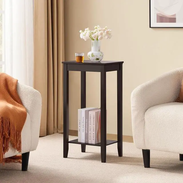 Alt view image 4 of 7 - Topeakmart Tall Narrow Side Table, 2-Tier Espresso Nightstand with Storage