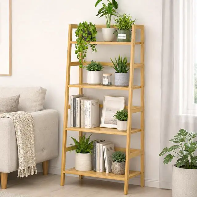 Main image of Bamboo Ladder Shelf, 4-Tier Wooden Ladder Bookshelf & Bookcase Organizer