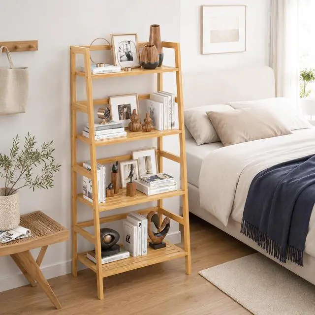 Alt view image 3 of 7 - Bamboo Ladder Shelf, 4-Tier Wooden Ladder Bookshelf & Bookcase Organizer