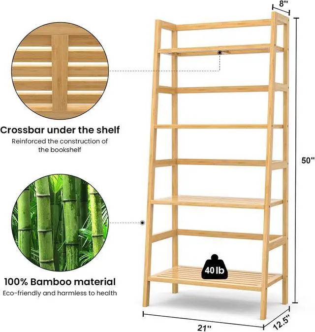 Alt view image 2 of 7 - Bamboo Ladder Shelf, 4-Tier Wooden Ladder Bookshelf & Bookcase Organizer