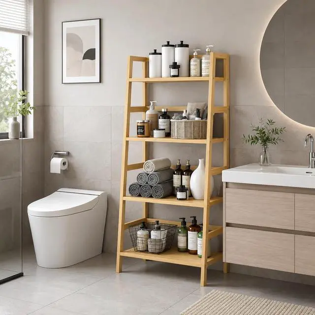 Alt view image 4 of 7 - Bamboo Ladder Shelf, 4-Tier Wooden Ladder Bookshelf & Bookcase Organizer