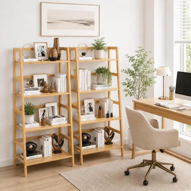 Alt view image 5 of 7 - Bamboo Ladder Shelf, 4-Tier Wooden Ladder Bookshelf & Bookcase Organizer