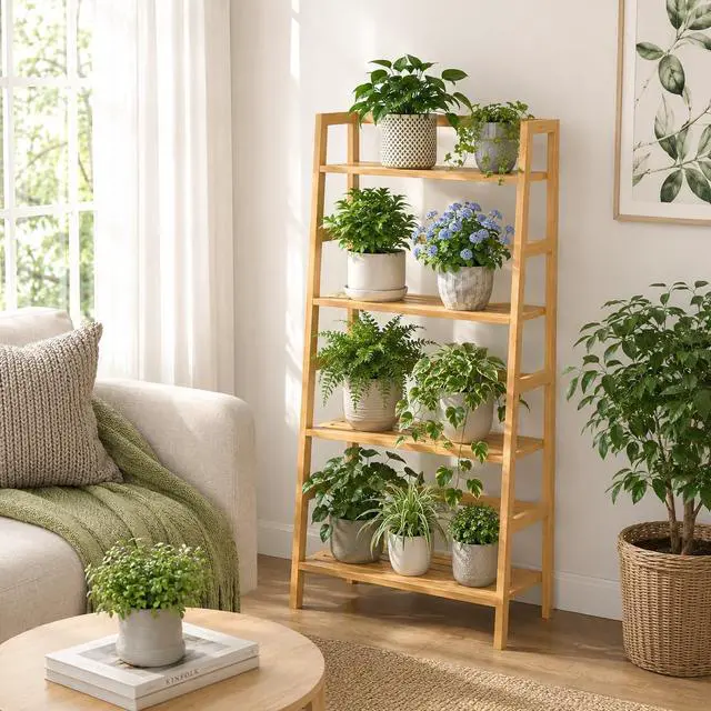 Alt view image 6 of 7 - Bamboo Ladder Shelf, 4-Tier Wooden Ladder Bookshelf & Bookcase Organizer