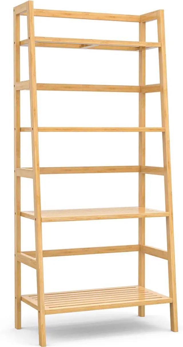 Alt view image 7 of 7 - Bamboo Ladder Shelf, 4-Tier Wooden Ladder Bookshelf & Bookcase Organizer