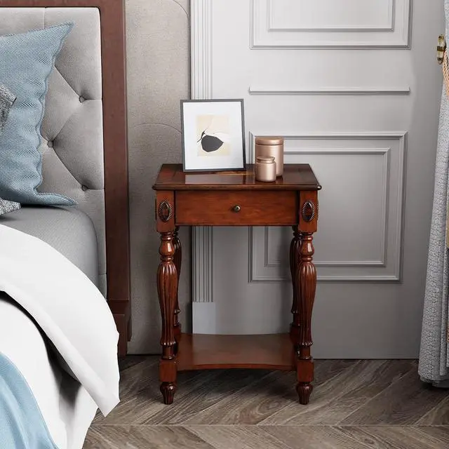Main image of Wood End Table with Drawer&Storage Shelf,19.7"x15.7" Cherry Walnut