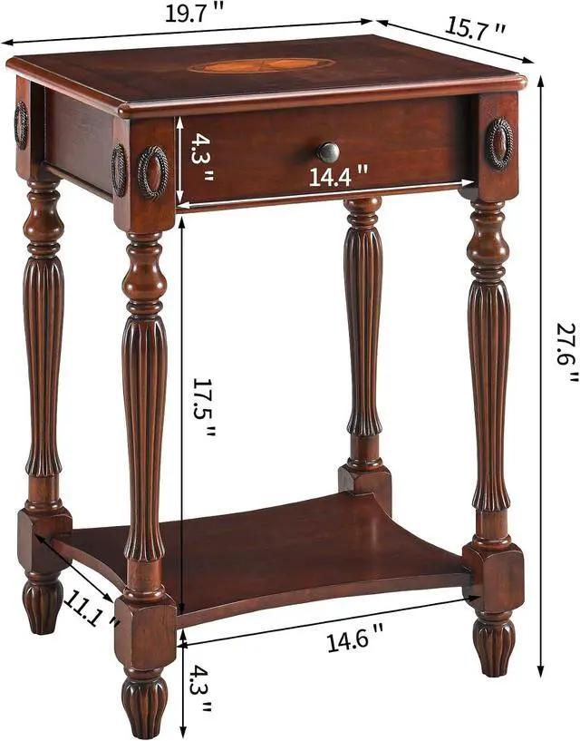 Alt view image 2 of 7 - Wood End Table with Drawer&Storage Shelf,19.7"x15.7" Cherry Walnut
