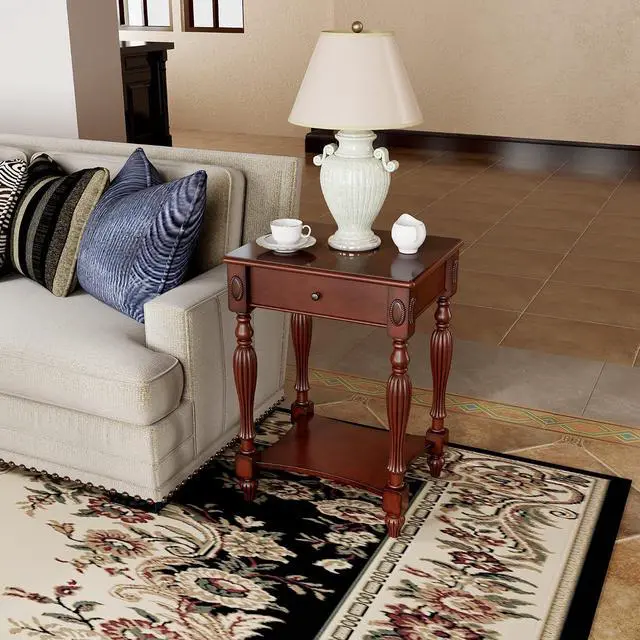 Alt view image 3 of 7 - Wood End Table with Drawer&Storage Shelf,19.7"x15.7" Cherry Walnut
