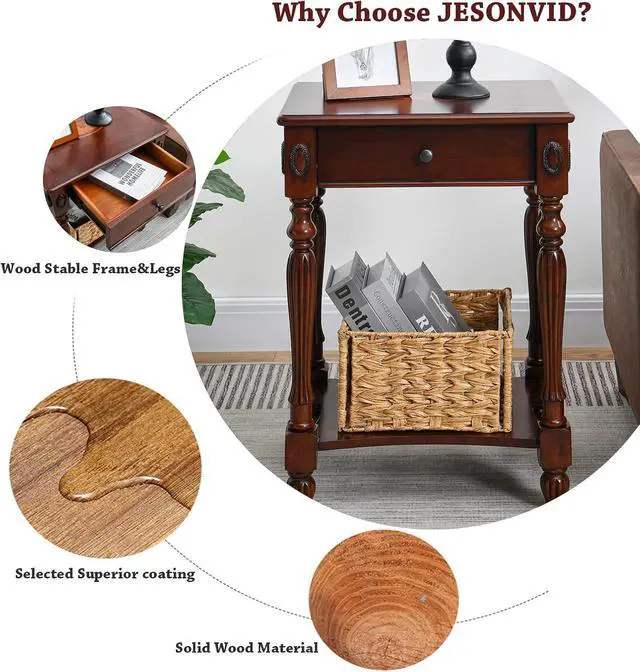 Alt view image 5 of 7 - Wood End Table with Drawer&Storage Shelf,19.7"x15.7" Cherry Walnut