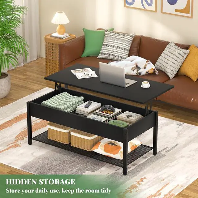 Alt view image 4 of 7 - Homieasy 41.7" Lift Top Coffee Table for Living Room, Wood Center Table with Hidden Compartment and Storage Shelf, Modern Rising Tabletop Desk for Small Space, Black