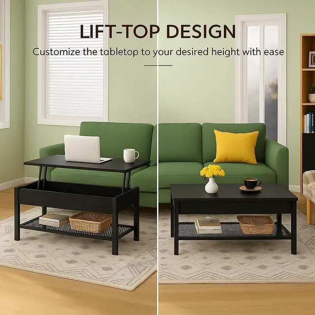 Alt view image 5 of 7 - Homieasy 41.7" Lift Top Coffee Table for Living Room, Wood Center Table with Hidden Compartment and Storage Shelf, Modern Rising Tabletop Desk for Small Space, Black