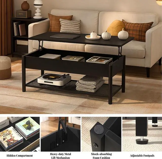 Alt view image 6 of 7 - Homieasy 41.7" Lift Top Coffee Table for Living Room, Wood Center Table with Hidden Compartment and Storage Shelf, Modern Rising Tabletop Desk for Small Space, Black