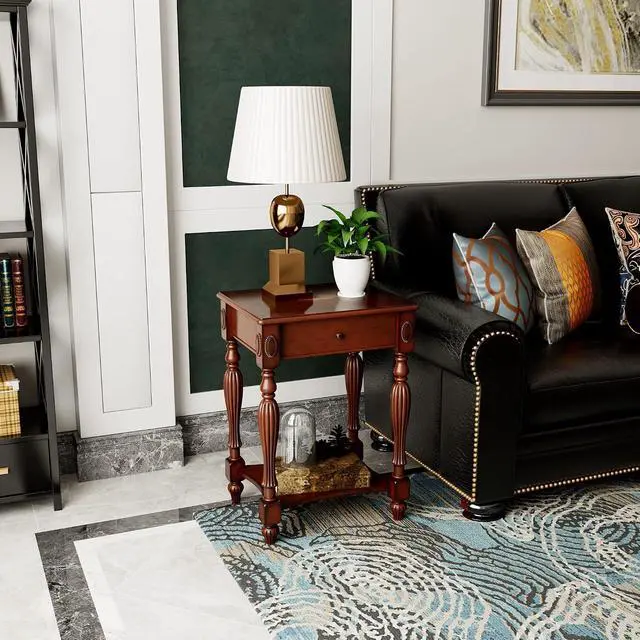 Alt view image 4 of 7 - Wood End Table with Drawer&Storage Shelf,19.7"x15.7" Cherry Walnut