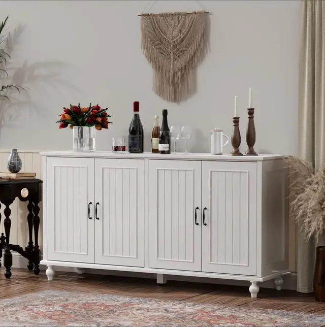 Alt view image 2 of 7 - Sideboard Buffet Cabinet with 4 Doors, Vintage Coffee Bar Station, White
