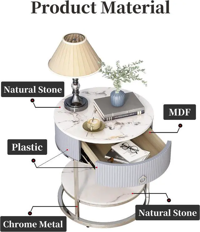 Alt view image 6 of 7 - OIOG End Table with Sintered Stone Tabletop, Side Table with Drawer, Silver