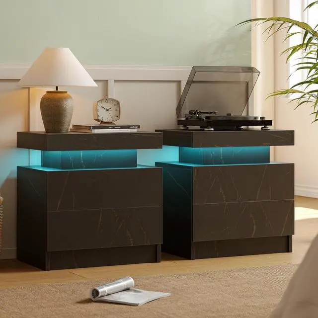 Main image of Nightstands Set of 2 with 2 Wood Drawers Modern LED Night Stand for Bedroom