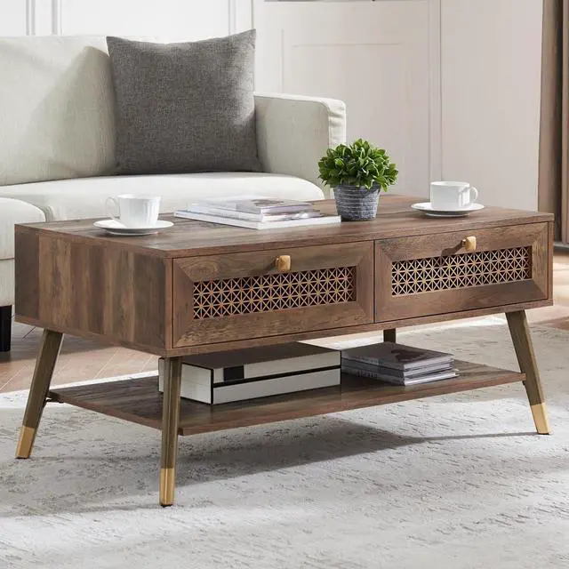 Main image of Mid Century Modern Coffee Table with Storage Drawers & Open Shelf, Solid Wooden Boho Rectangle Table with Metal Legs Designed for Living Room, Office, Lounge. Rustic Oak Color with Golden Decor