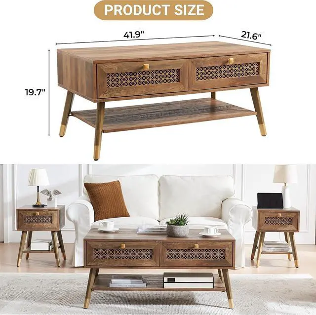 Alt view image 2 of 7 - Mid Century Modern Coffee Table with Storage Drawers & Open Shelf, Solid Wooden Boho Rectangle Table with Metal Legs Designed for Living Room, Office, Lounge. Rustic Oak Color with Golden Decor