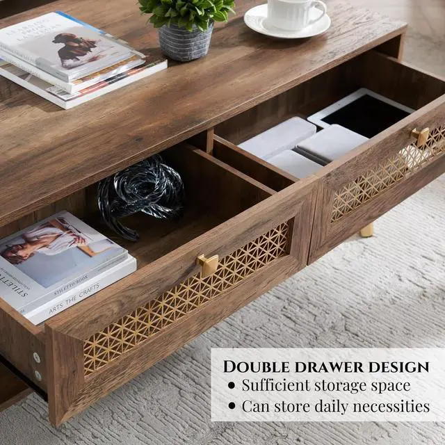 Alt view image 4 of 7 - Mid Century Modern Coffee Table with Storage Drawers & Open Shelf, Solid Wooden Boho Rectangle Table with Metal Legs Designed for Living Room, Office, Lounge. Rustic Oak Color with Golden Decor