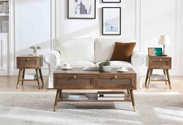 Alt view image 6 of 7 - Mid Century Modern Coffee Table with Storage Drawers & Open Shelf, Solid Wooden Boho Rectangle Table with Metal Legs Designed for Living Room, Office, Lounge. Rustic Oak Color with Golden Decor