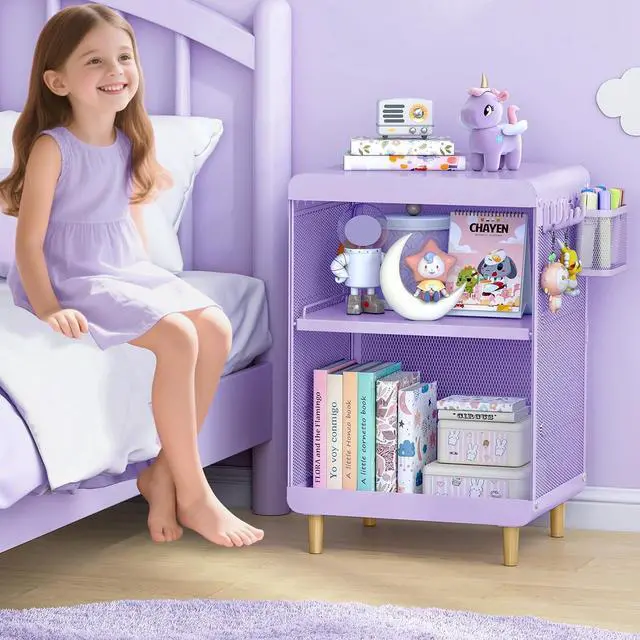 Alt view image 2 of 7 - SYKIARIOL Kids Nightstand for Girls, 3-Tier Storage Shelf, Purple