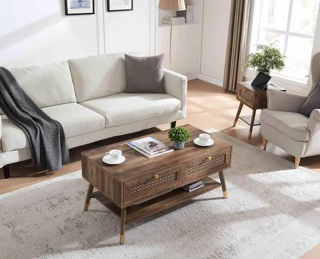 Alt view image 5 of 7 - Mid Century Modern Coffee Table with Storage Drawers & Open Shelf, Solid Wooden Boho Rectangle Table with Metal Legs Designed for Living Room, Office, Lounge. Rustic Oak Color with Golden Decor