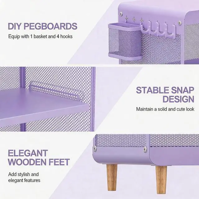 Alt view image 4 of 7 - SYKIARIOL Kids Nightstand for Girls, 3-Tier Storage Shelf, Purple