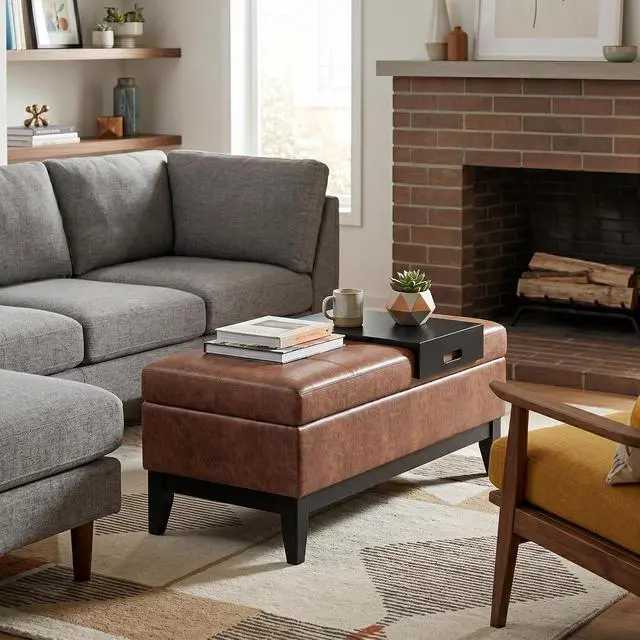 Alt view image 2 of 7 - SIMPLIHOME Oregon 42" Wide Vegan Leather Storage Ottoman in Saddle Brown
