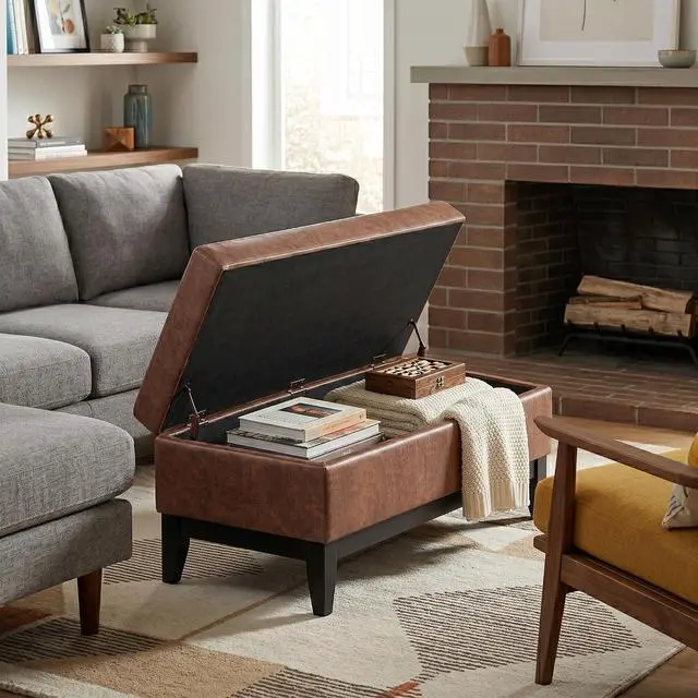 Alt view image 4 of 7 - SIMPLIHOME Oregon 42" Wide Vegan Leather Storage Ottoman in Saddle Brown