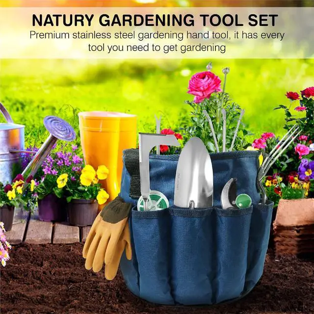 Alt view image 2 of 7 - Garden Tools Set Premium Stainless Steel Gardening Hand Tools with Solid Beechwood Handle Gardening Kit with Rake, Shovel, Gloves, Shears, Tool Organizer Garden Gifts for Women and Men