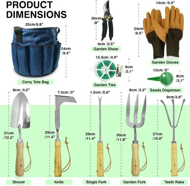 Alt view image 4 of 7 - Garden Tools Set Premium Stainless Steel Gardening Hand Tools with Solid Beechwood Handle Gardening Kit with Rake, Shovel, Gloves, Shears, Tool Organizer Garden Gifts for Women and Men
