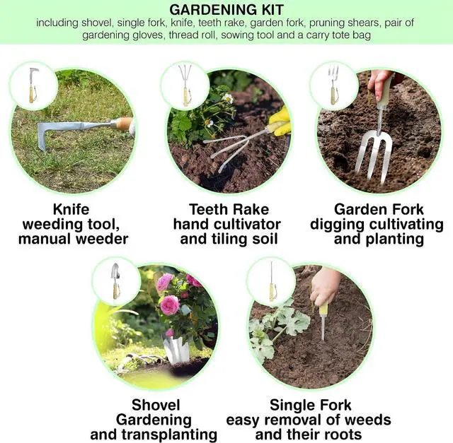 Alt view image 5 of 7 - Garden Tools Set Premium Stainless Steel Gardening Hand Tools with Solid Beechwood Handle Gardening Kit with Rake, Shovel, Gloves, Shears, Tool Organizer Garden Gifts for Women and Men