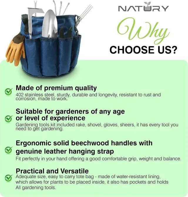 Alt view image 7 of 7 - Garden Tools Set Premium Stainless Steel Gardening Hand Tools with Solid Beechwood Handle Gardening Kit with Rake, Shovel, Gloves, Shears, Tool Organizer Garden Gifts for Women and Men