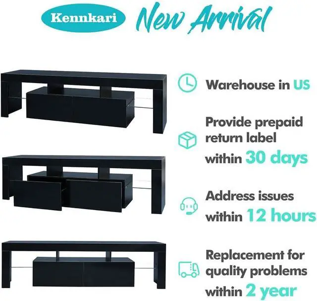 Alt view image 2 of 7 - Black TV Stand with 2 Storage and 3 Open Shelves High Gloss LED TV, TV Entertainment Center TV Console Media Gaming TV Table Stands for Up 50 to 70 Inch
