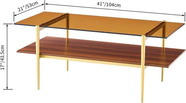 Alt view image 2 of 7 - Saint Mossi Tadio Double Layer Glass Coffee Table for Living Room, Brown Glass & Coffee Brown MDF Bottom Shelf