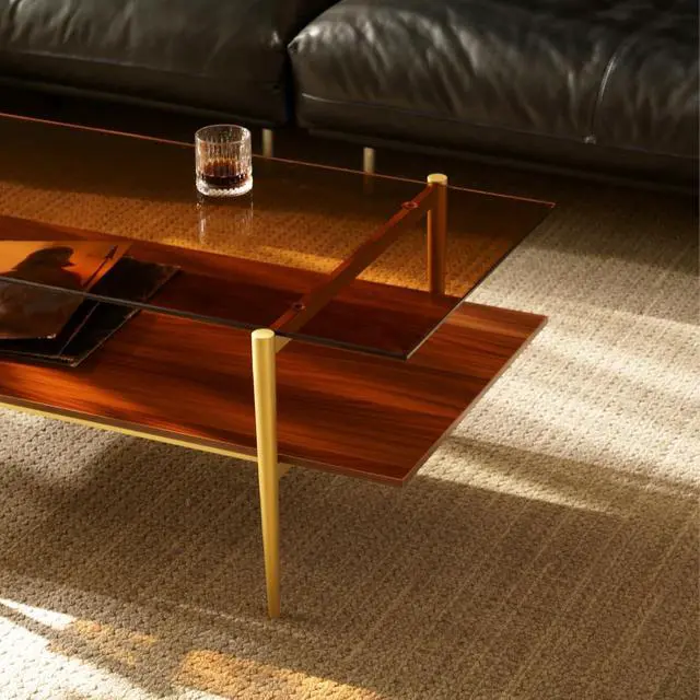 Alt view image 3 of 7 - Saint Mossi Tadio Double Layer Glass Coffee Table for Living Room, Brown Glass & Coffee Brown MDF Bottom Shelf
