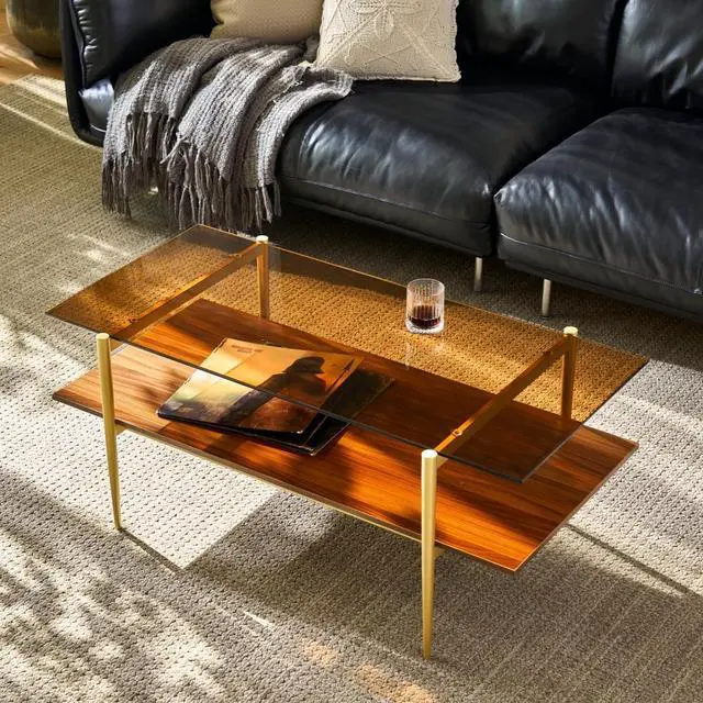 Main image of Saint Mossi Tadio Double Layer Glass Coffee Table for Living Room, Brown Glass & Coffee Brown MDF Bottom Shelf