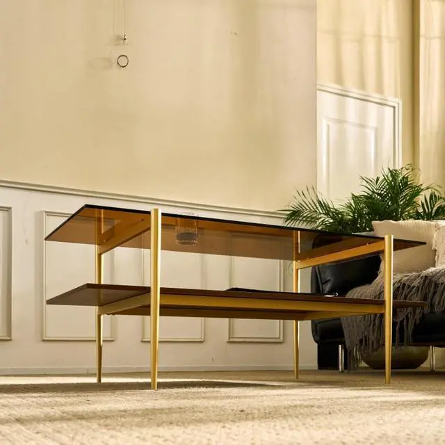 Alt view image 5 of 7 - Saint Mossi Tadio Double Layer Glass Coffee Table for Living Room, Brown Glass & Coffee Brown MDF Bottom Shelf