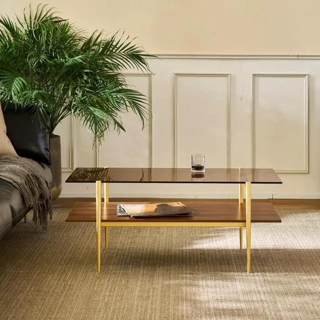 Alt view image 6 of 7 - Saint Mossi Tadio Double Layer Glass Coffee Table for Living Room, Brown Glass & Coffee Brown MDF Bottom Shelf