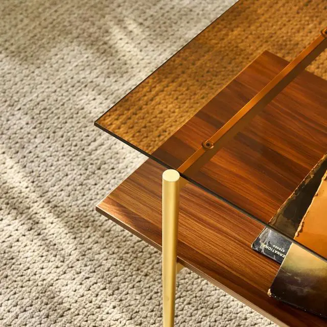 Alt view image 7 of 7 - Saint Mossi Tadio Double Layer Glass Coffee Table for Living Room, Brown Glass & Coffee Brown MDF Bottom Shelf