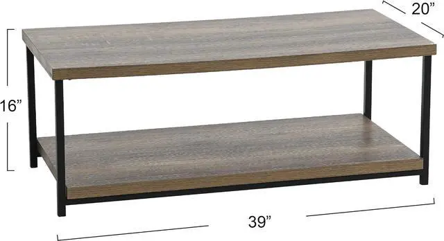 Alt view image 3 of 7 - Household Essentials Rectangular Coffee Table with Storage Shelf in Rustic Wood Grain and Black Metal Frame, Ashwood