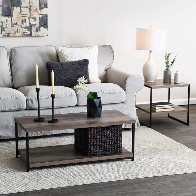 Alt view image 2 of 7 - Household Essentials Rectangular Coffee Table with Storage Shelf in Rustic Wood Grain and Black Metal Frame, Ashwood