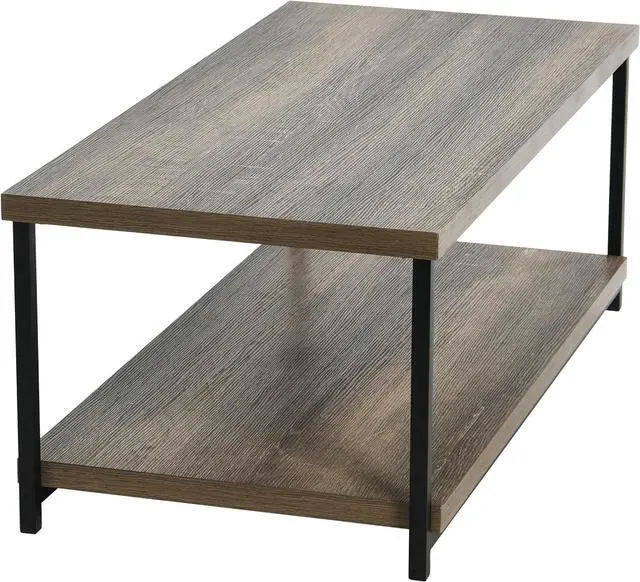 Alt view image 5 of 7 - Household Essentials Rectangular Coffee Table with Storage Shelf in Rustic Wood Grain and Black Metal Frame, Ashwood