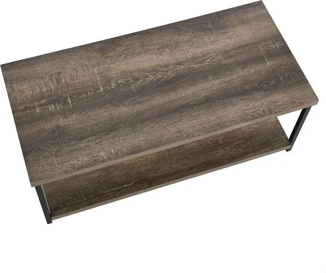 Alt view image 6 of 7 - Household Essentials Rectangular Coffee Table with Storage Shelf in Rustic Wood Grain and Black Metal Frame, Ashwood