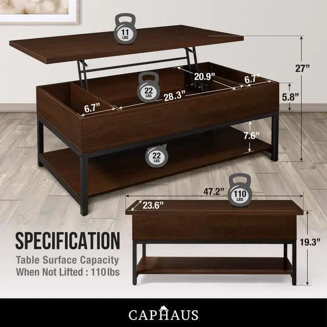 Alt view image 3 of 7 - CAPHAUS Lift Top Coffee Table with Storage, Rising Top for Living Room, 47" Espresso