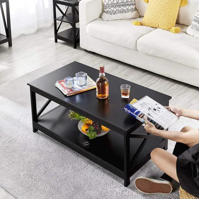 Alt view image 4 of 7 - Yaheetech Black Coffee Table for Living Room, X-Design Storage Shelf, 39.5"