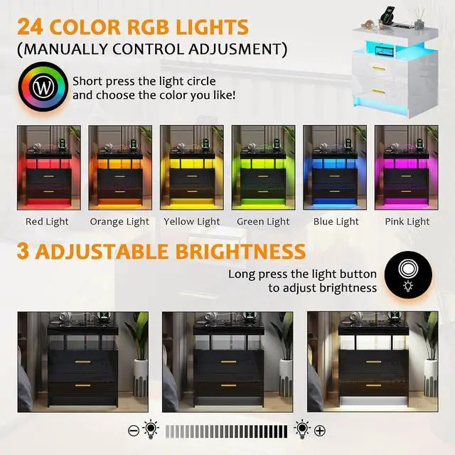 Alt view image 6 of 7 - LED Nightstand with Body Sensor and USB Type-C Charging - Black